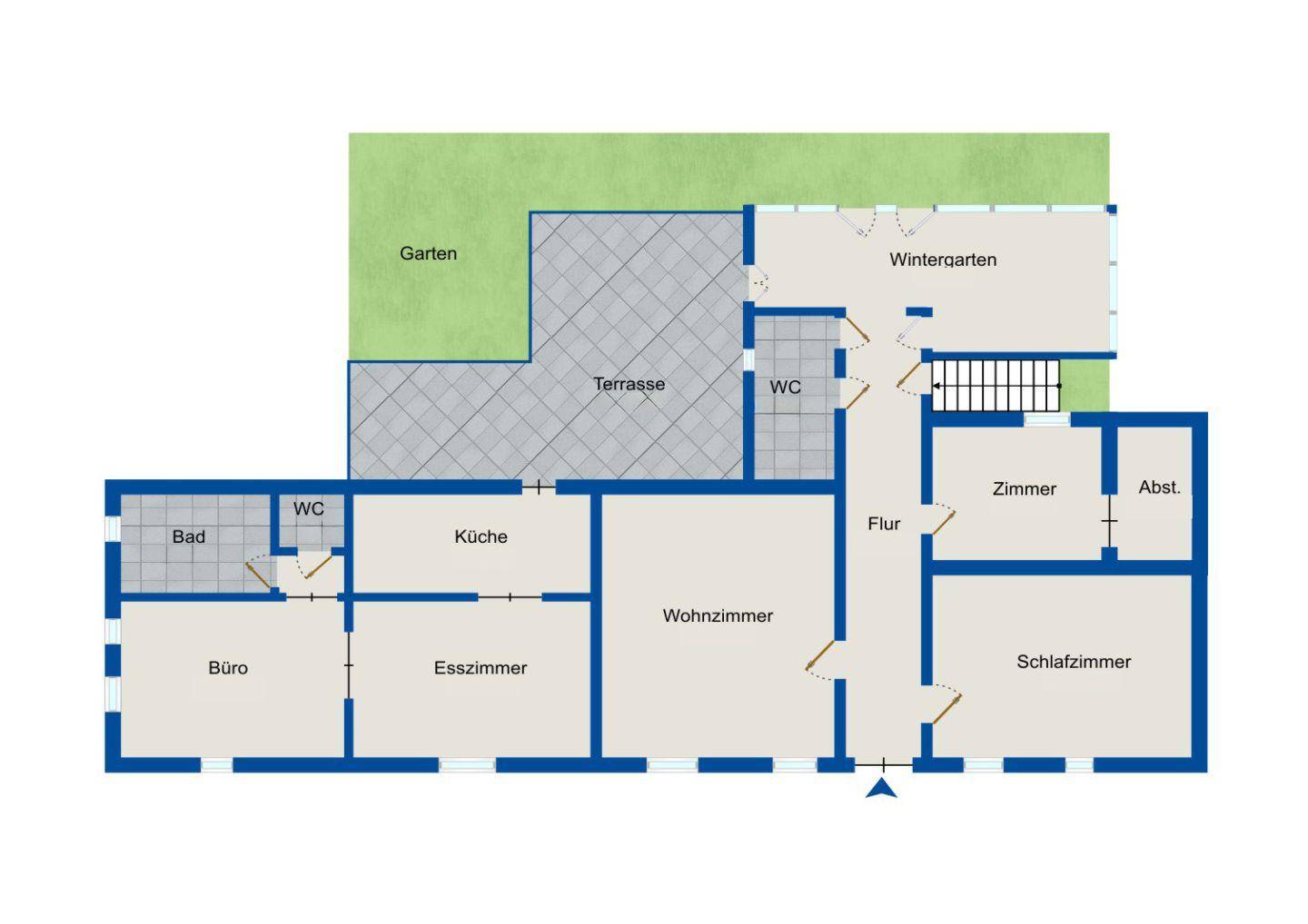 Grundriss des Erdgeschosses mit Wohnzimmer, Esszimmer, Küche, Büro, Bad, zwei WCs, Wintergarten, Terrasse und Garten.