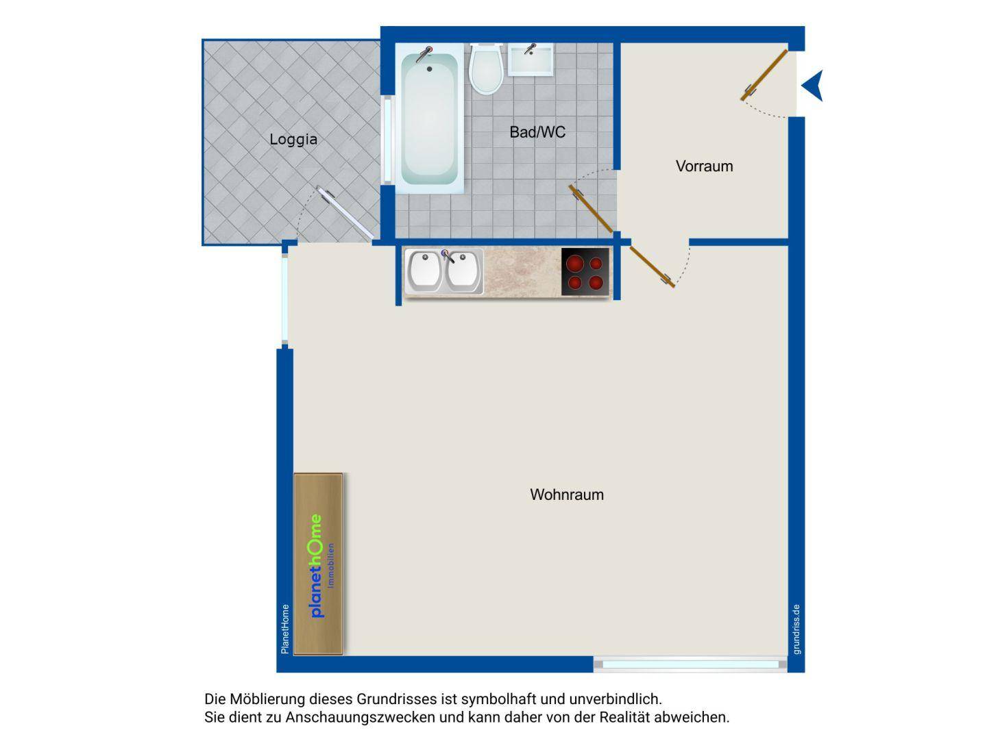Grundriss einer Wohnung mit Wohnraum, Bad/WC und Loggia.