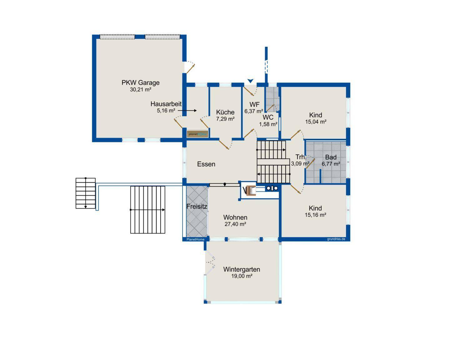 Grundriss des Erdgeschosses mit Wohnzimmer, Küche, Essbereich, Wintergarten und Garage.