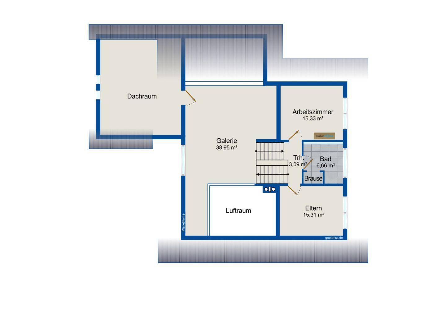Grundriss des Dachgeschosses mit Galerie, Arbeitszimmer, Schlafzimmer und Bad mit Dusche.