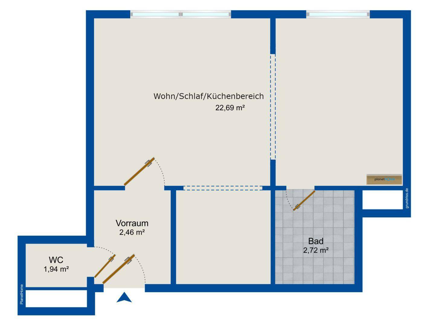 Grundrissplan einer Wohnung mit kombiniertem Wohn-, Schlaf- und Küchenbereich sowie separatem Bad und WC.