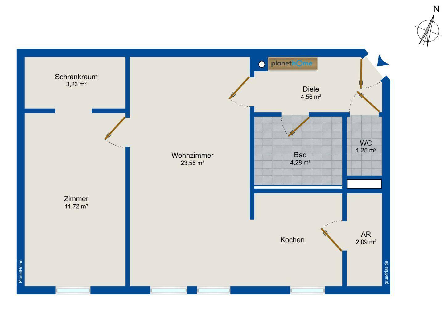 Grundriss der Wohnung mit Wohnzimmer, Zimmer, Küche, Bad und WC.