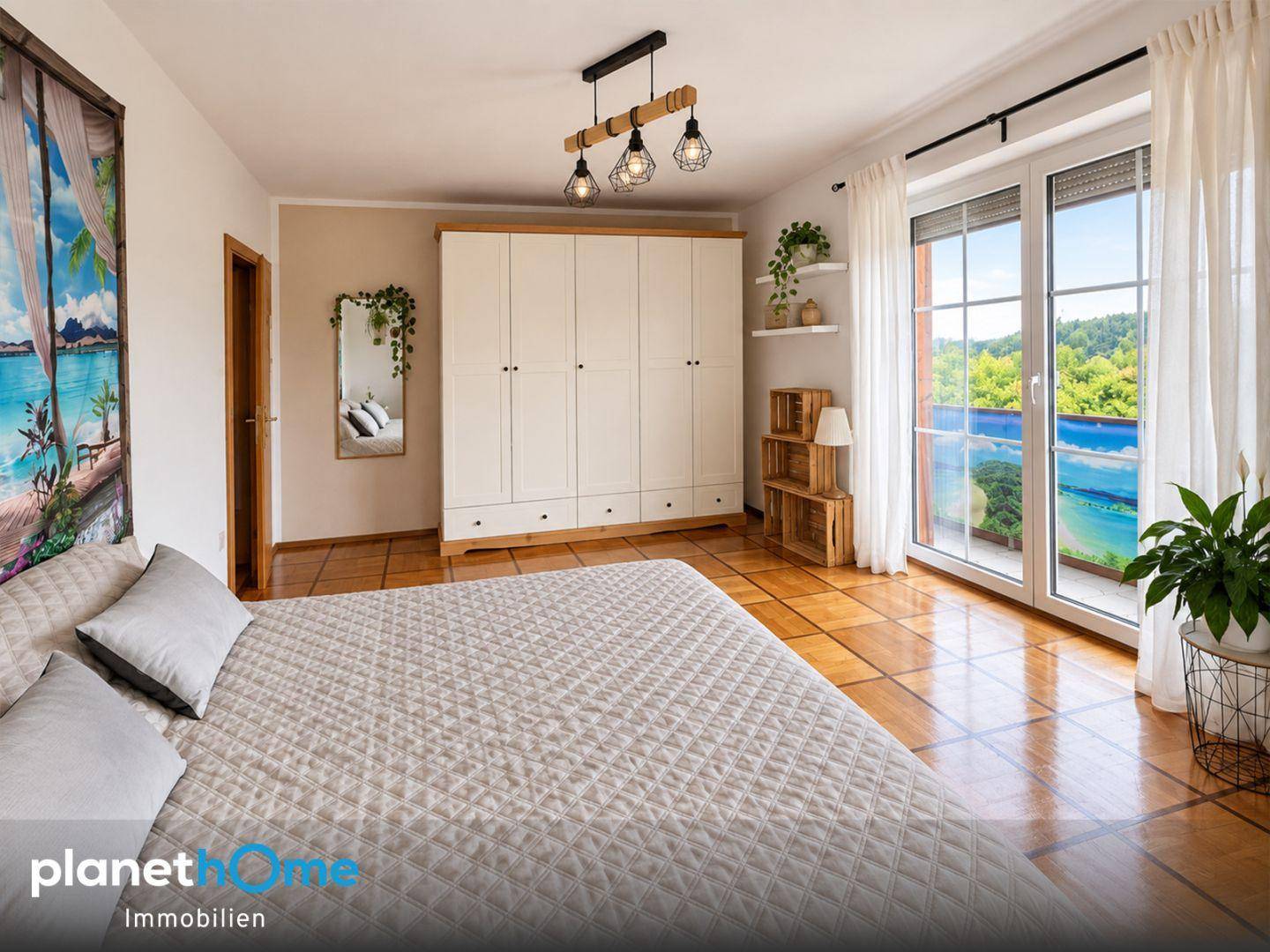 Helles Schlafzimmer mit Doppelbett, Holzschrank und direktem Zugang zum Balkon.
