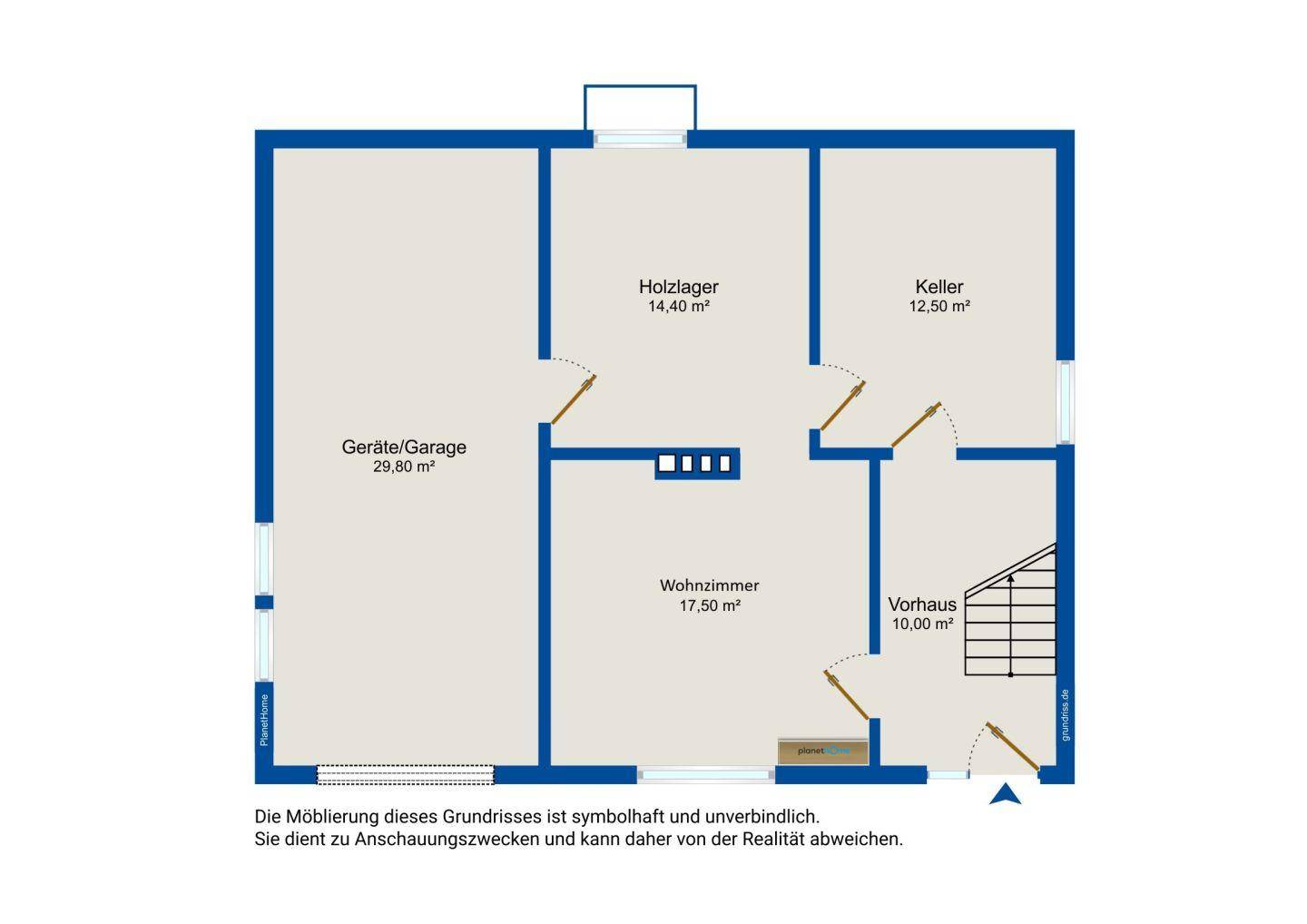 Grundriss des Erdgeschosses mit Wohnzimmer, Holzlager, Keller und Garage.
