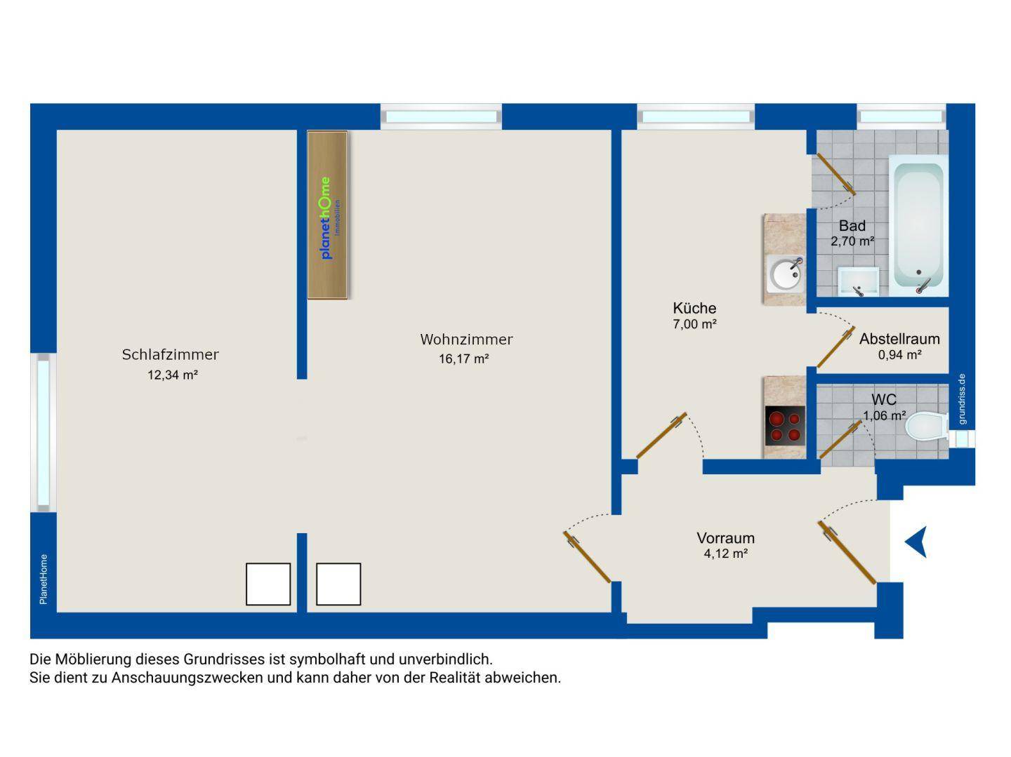 Grundriss einer Wohnung mit Schlafzimmer, Wohnzimmer, Küche, Bad und separatem WC.