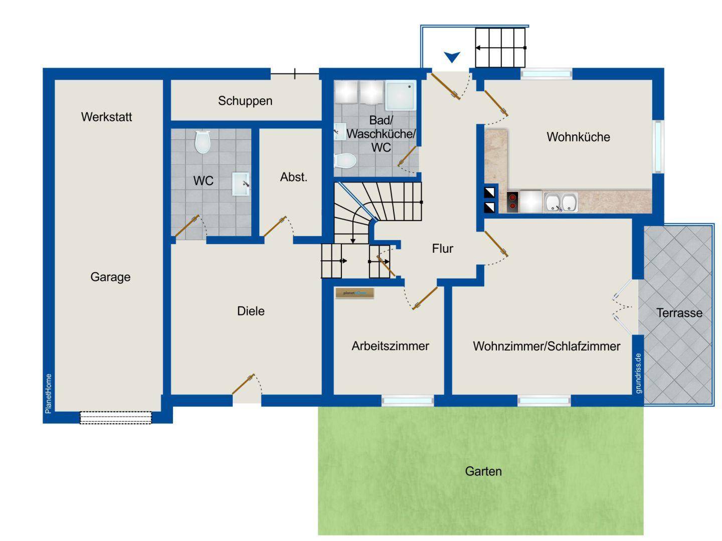 Grundriss des Erdgeschosses mit Garage, Wohnküche, Arbeitszimmer und Terrasse.