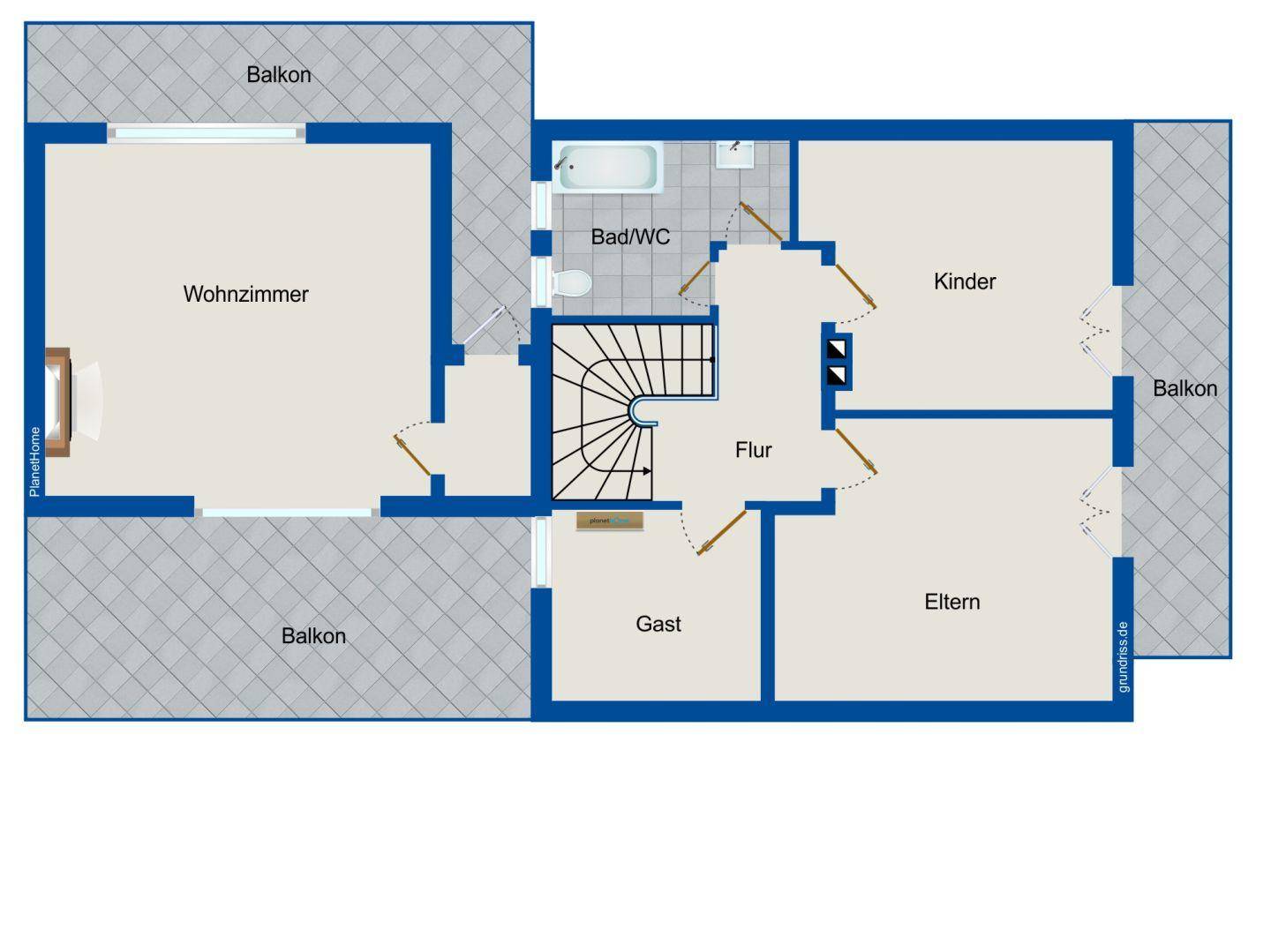 Grundriss des Obergeschosses mit Wohnzimmer, Schlafzimmern und Balkonen.