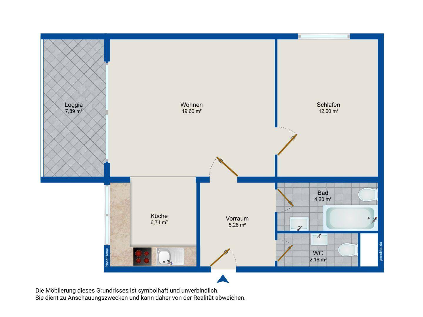 Detaillierter Grundriss einer Wohnung mit Wohnzimmer, Schlafzimmer, Küche und Loggia.