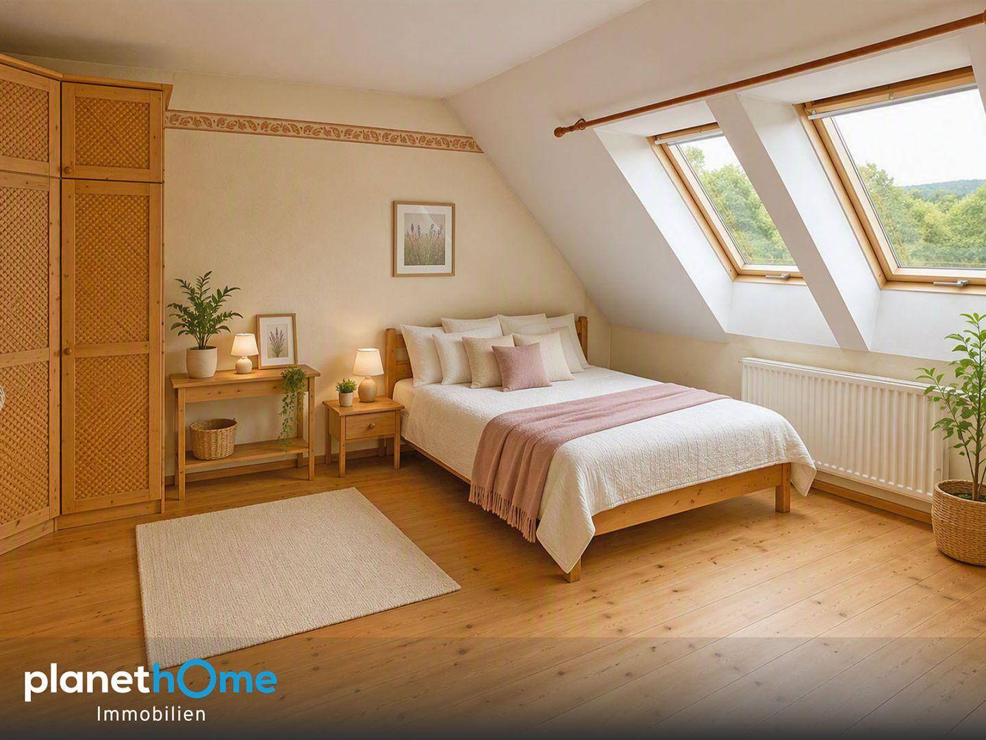 Helles Schlafzimmer im Dachgeschoss mit Holzbett, passenden Möbeln und viel natürlichem Licht durch Dachfenster.