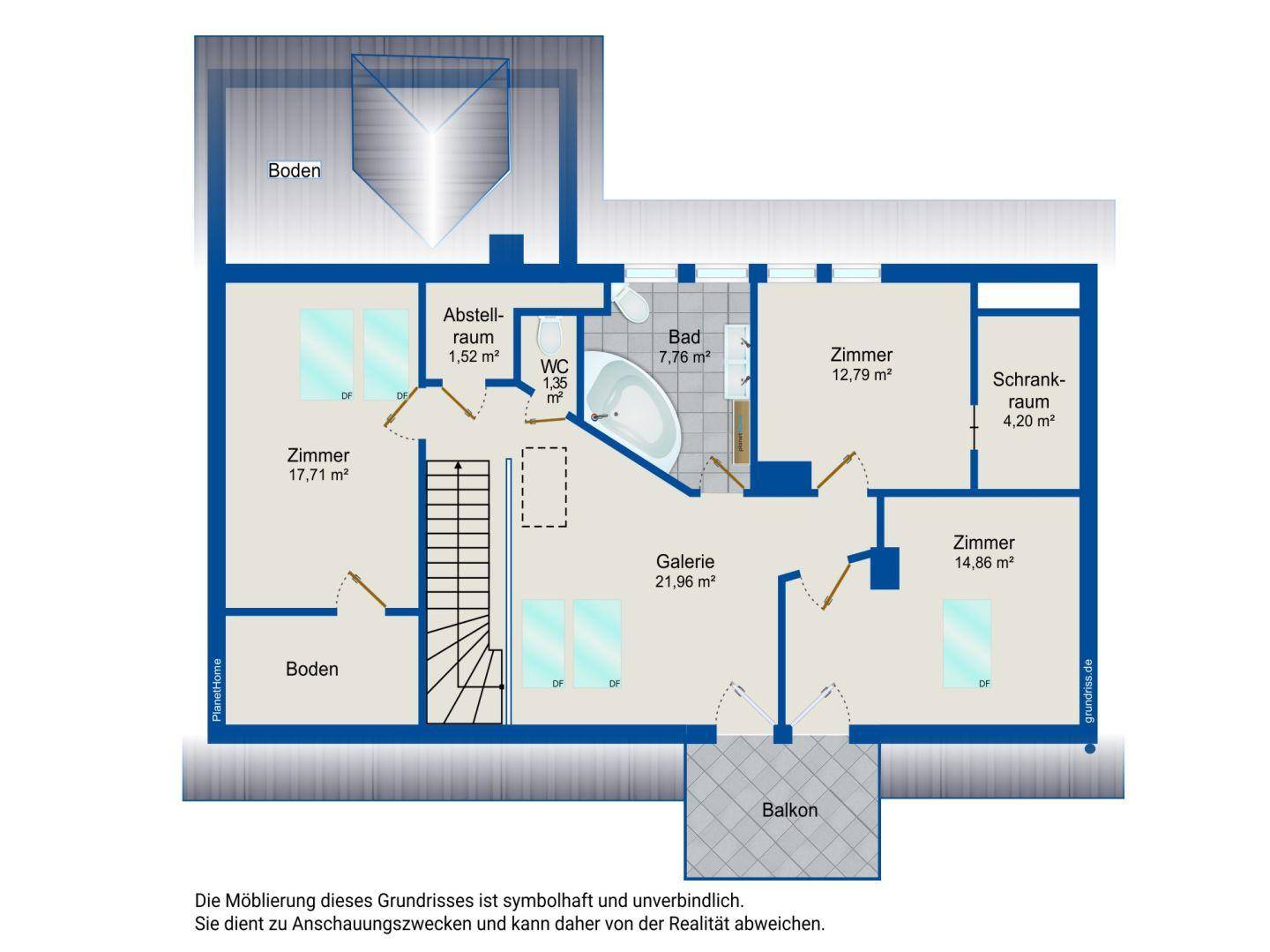 Grundriss des Dachgeschosses mit Zimmern, Bad, WC, Abstellraum, Galerie und einem Balkon.