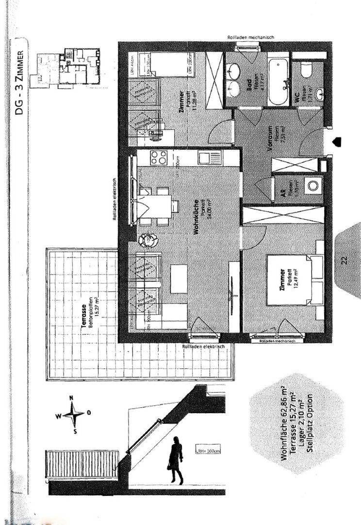 Grundriss der Dachgeschosswohnung mit offener Wohnküche, zwei Zimmern und großer Terrasse.