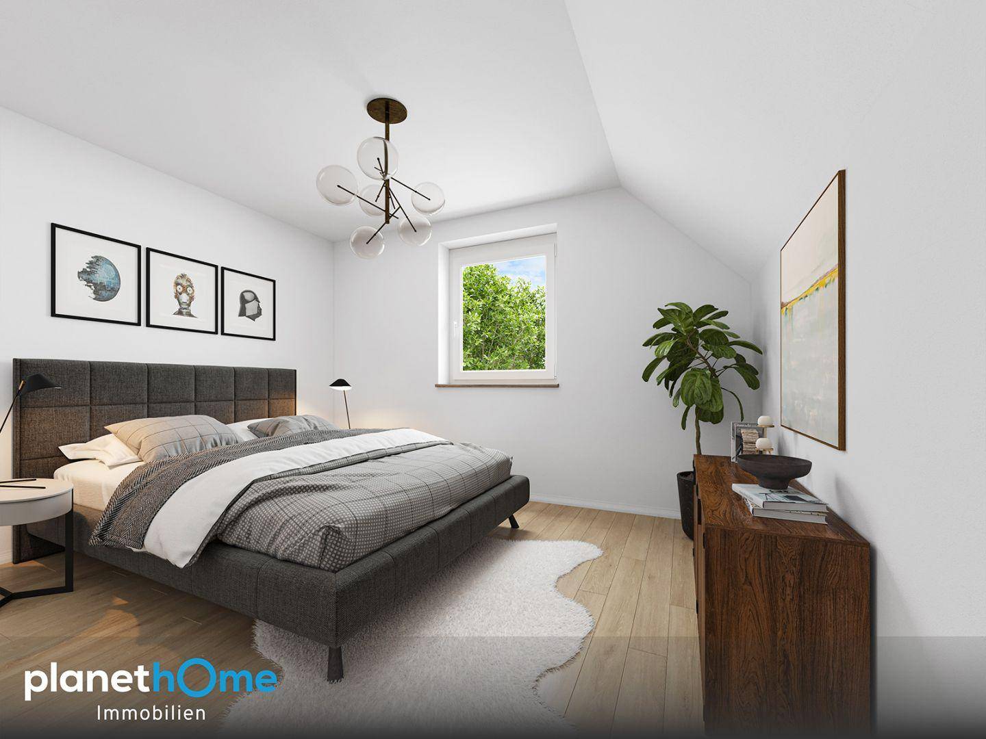 Virtuell möbliertes Schlafzimmer mit Doppelbett, Dachschräge und hellem Laminatboden.