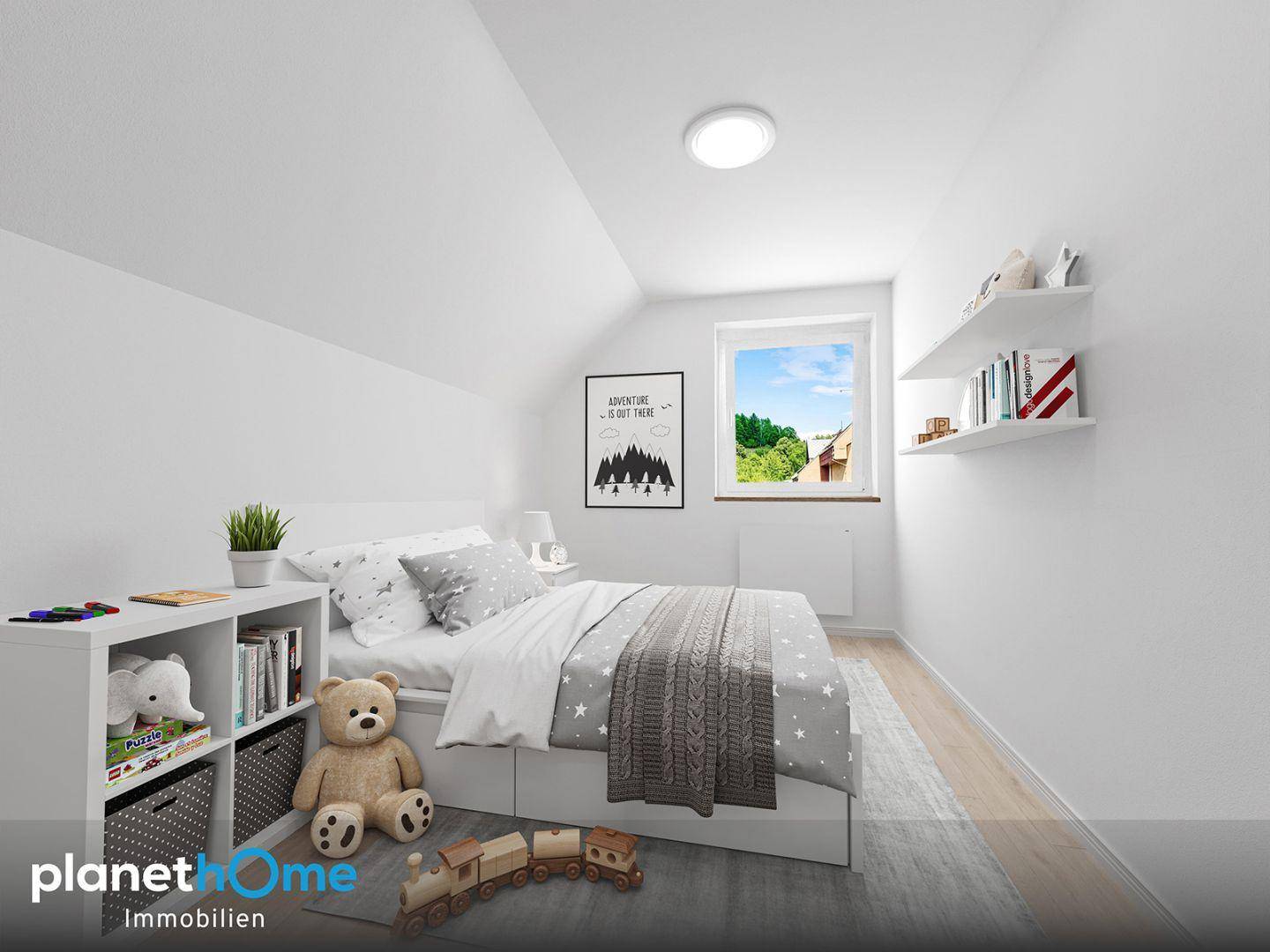 Virtuell eingerichtetes Kinderzimmer mit Dachschräge, Fenster und Spielzeugdekoration.