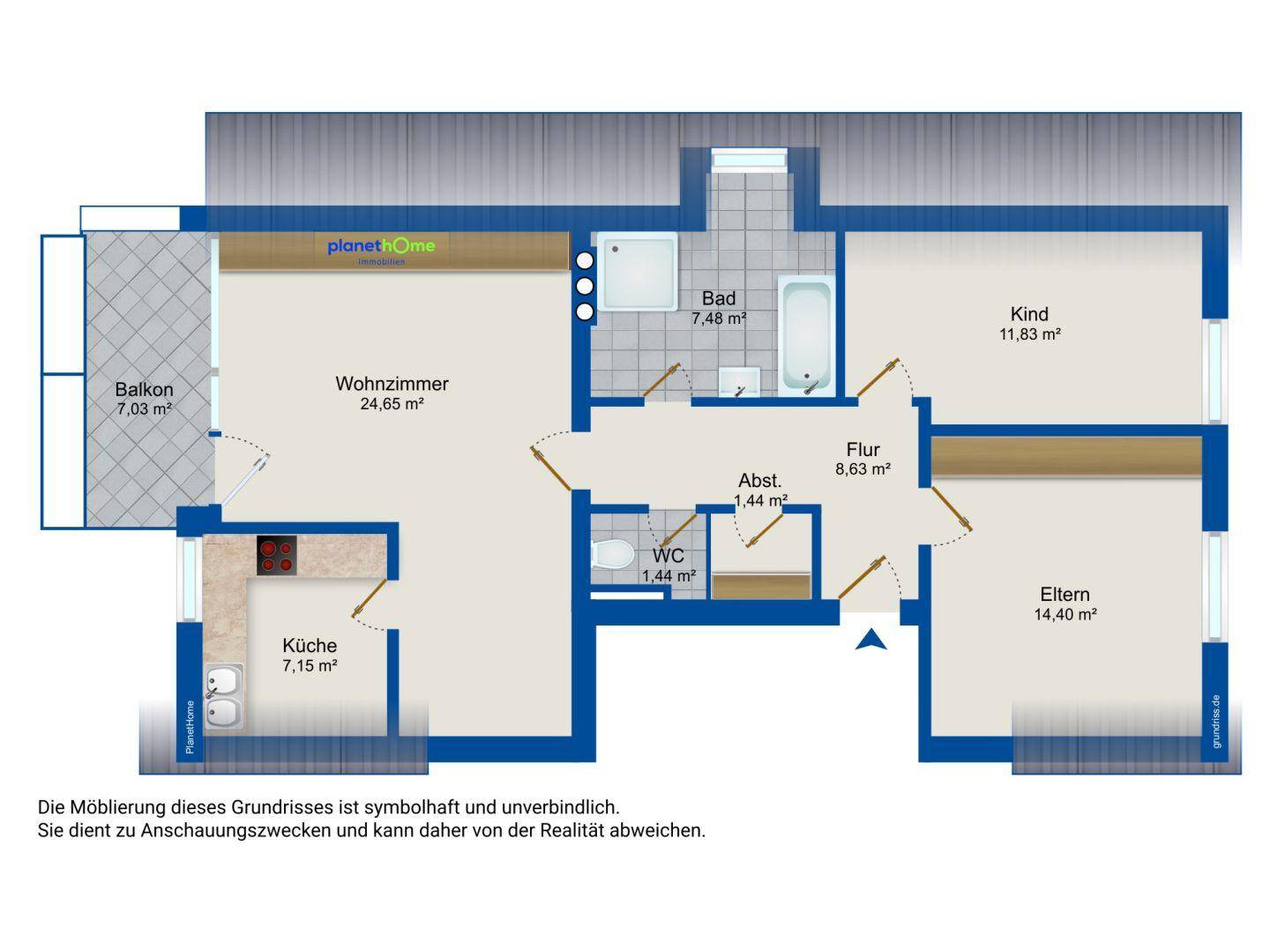 Grundriss der Wohnung mit Wohnzimmer, Küche, Bad, WC und zwei Schlafzimmern.