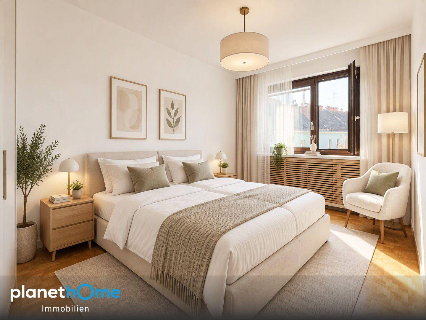 Modernes Schlafzimmer mit großem Doppelbett, hellem Interieur und viel Tageslicht.