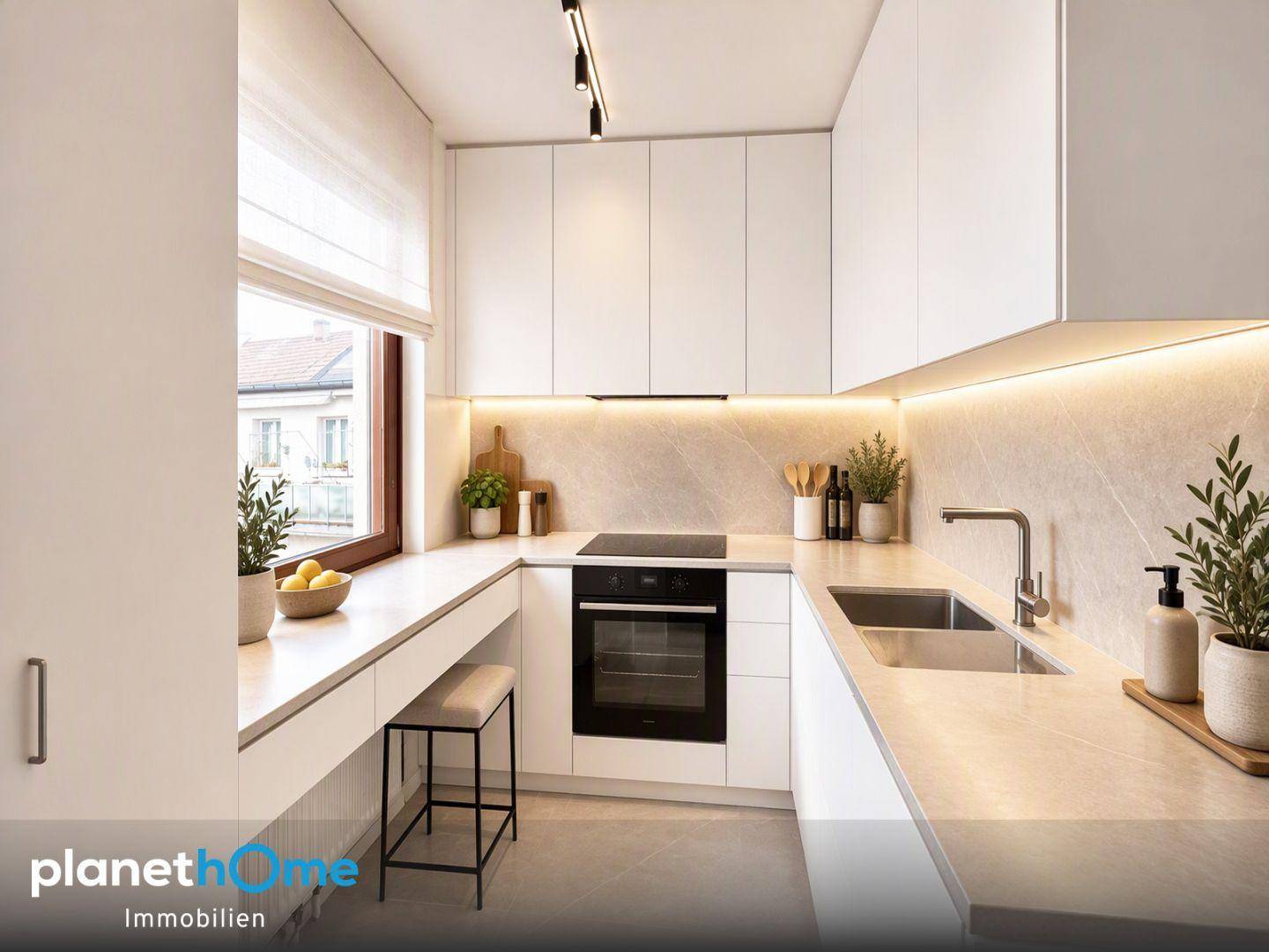 Moderne, kompakte Küche mit weißen Schränken, integriertem Backofen und Arbeitsplatte aus Stein.