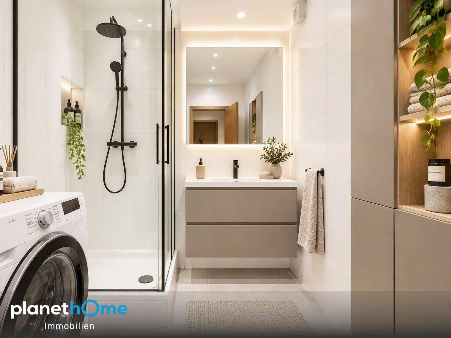 Modernes Badezimmer mit ebenerdiger Dusche, Waschmaschine und beleuchtetem Spiegel.