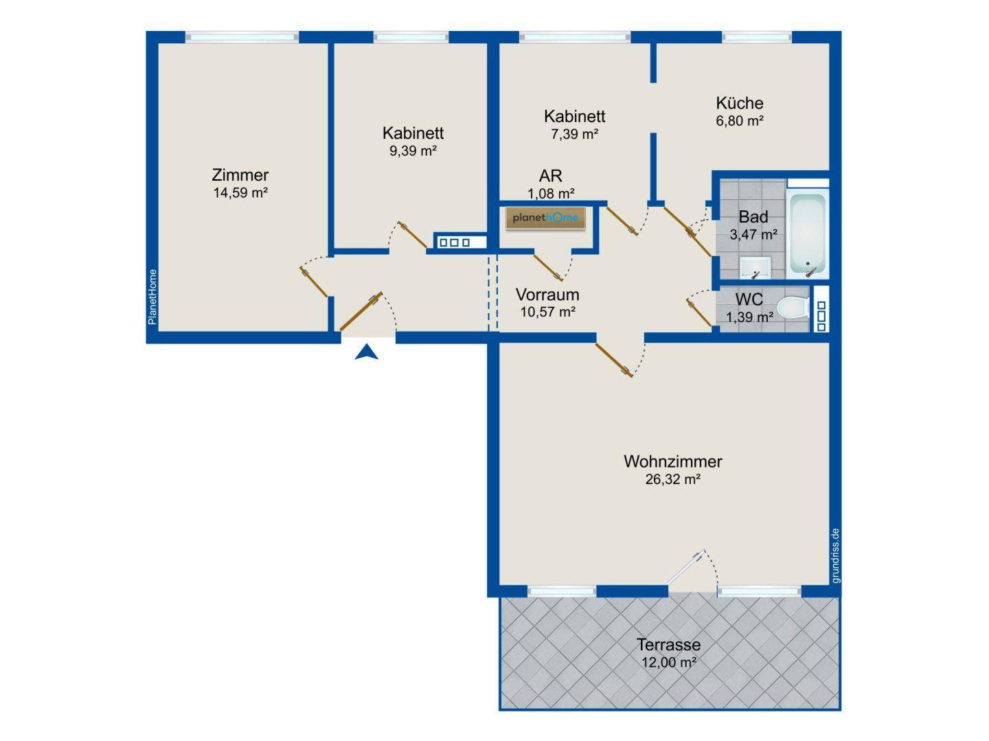 Grundrissplan einer Wohnung mit Wohnzimmer, Küche, Bad und Terrasse.