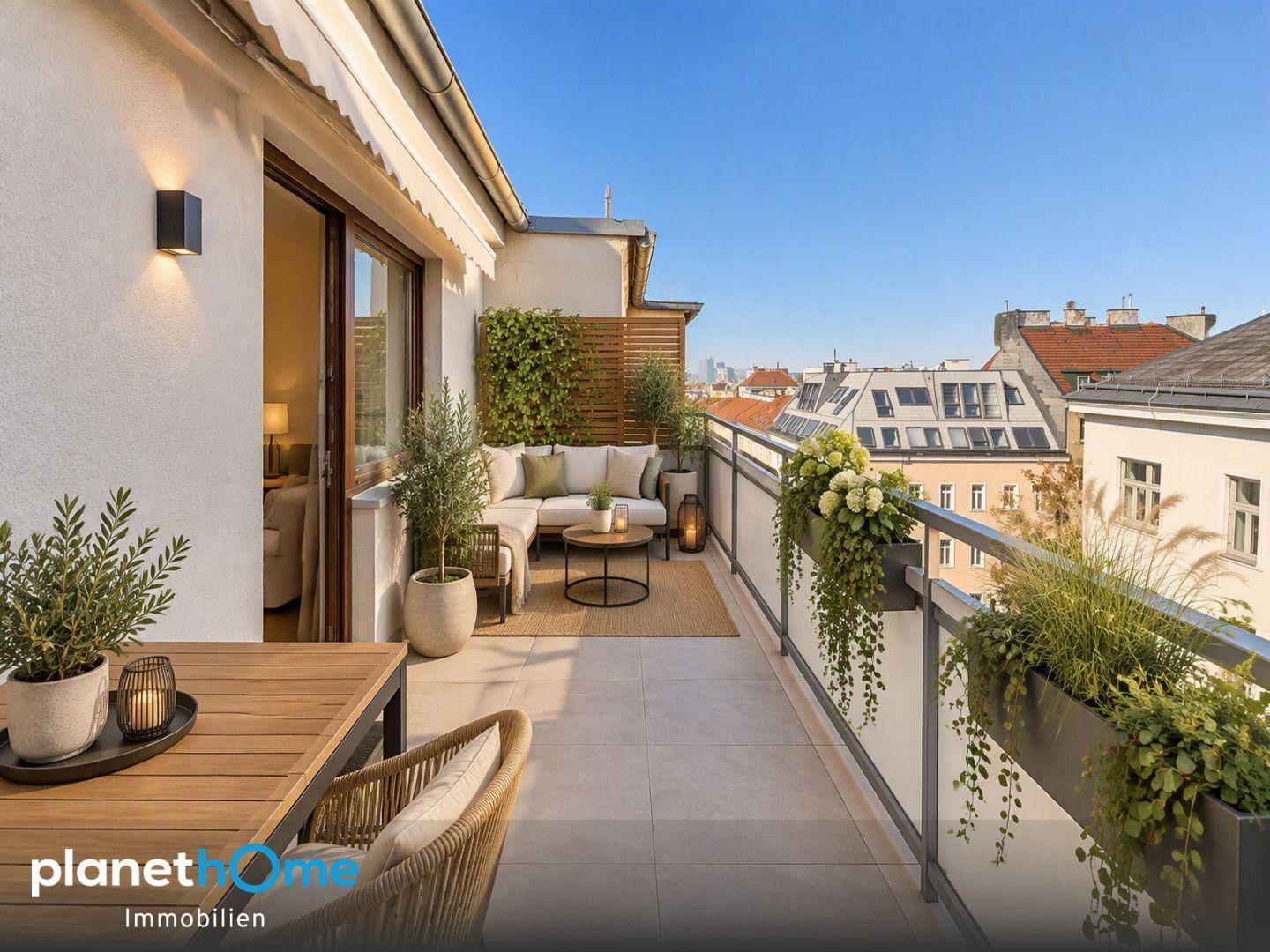 Großer, modern eingerichteter Balkon mit Sitzgelegenheiten und Stadtblick.