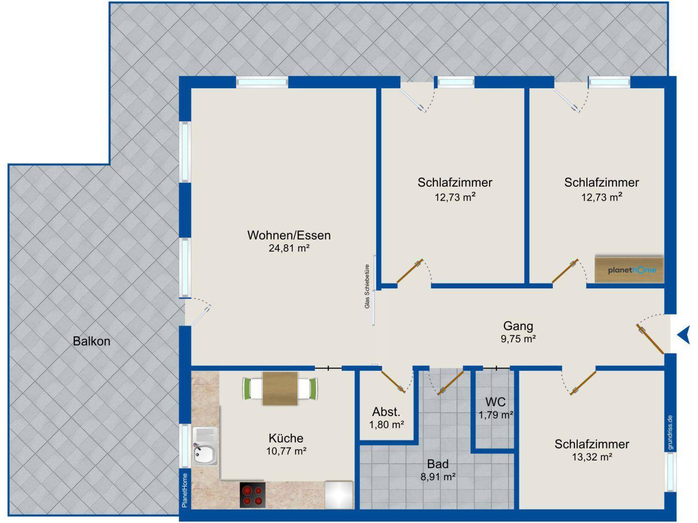Detaillierter Grundriss einer Wohnung mit Wohn-/Essbereich, mehreren Schlafzimmern und Balkon.