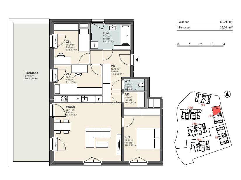 Grundriss einer Wohnung mit drei Zimmern, Bad, WC und großer Terrasse.