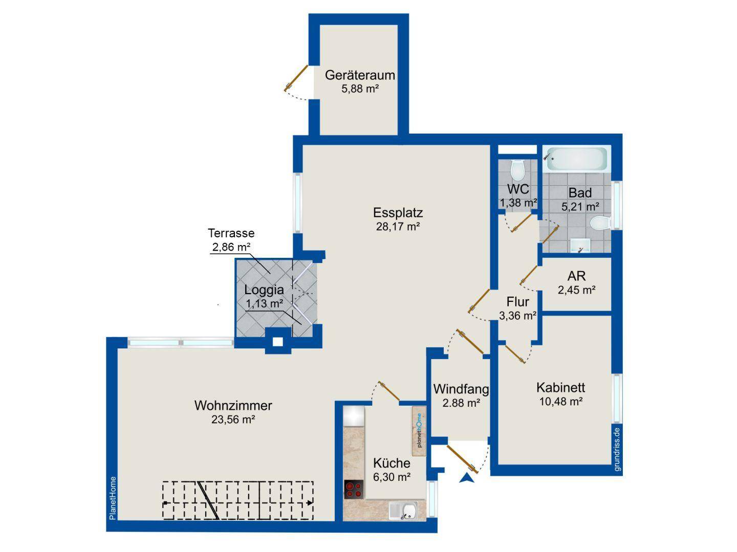 Grundriss des Erdgeschosses mit Wohnzimmer, Essplatz, Küche, Bad und Zugang zu Terrasse und Loggia.