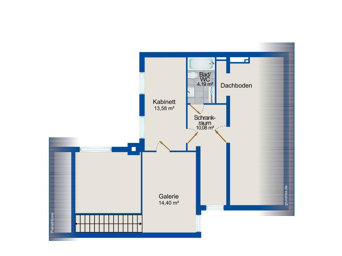 Grundriss des Obergeschosses mit Galerie, Zimmern, Bad und Dachboden, inklusive Schrankraum.