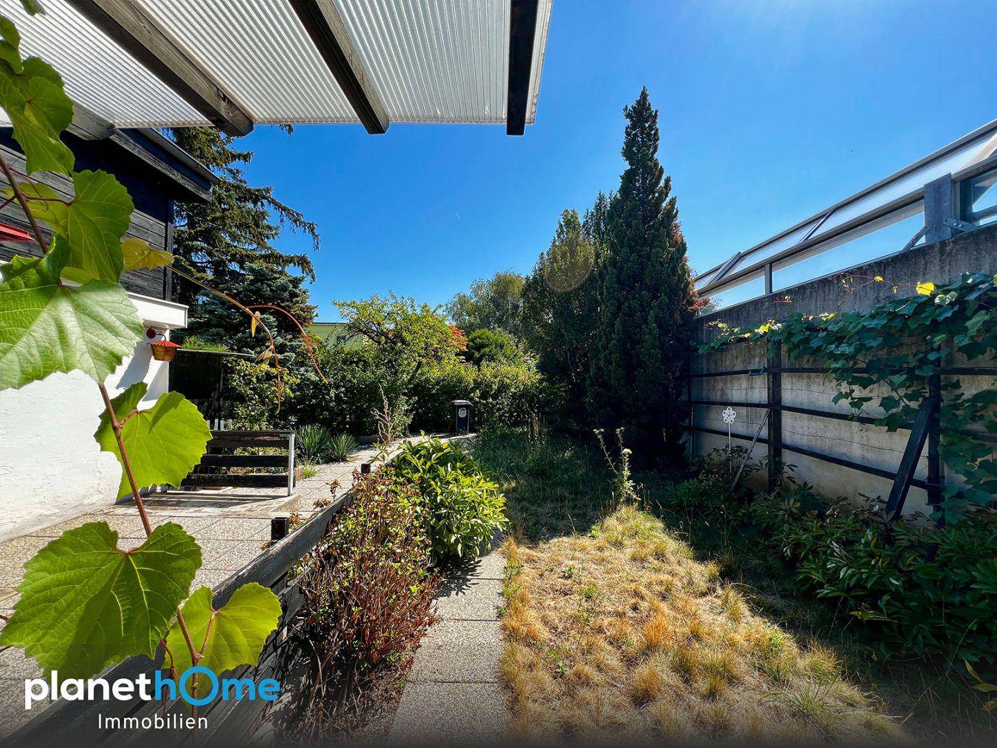 Sonniger Terrassenbereich mit üppiger Bepflanzung und einem Weg durch den Garten.