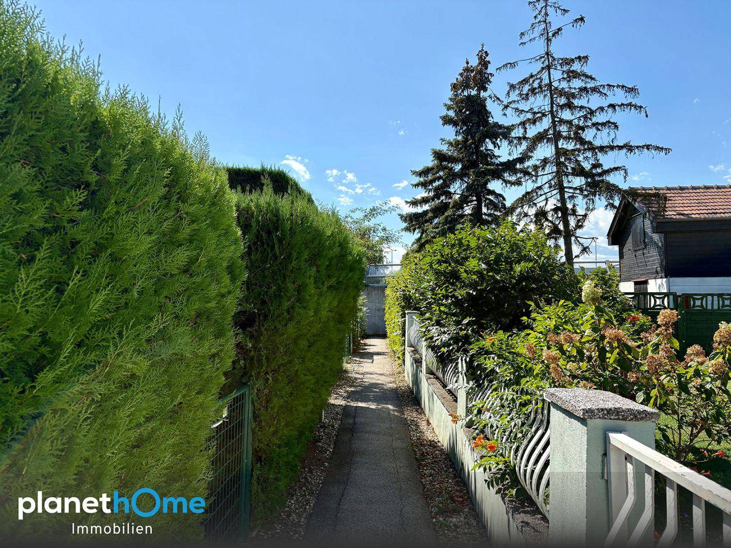 Langer Gartenweg gesäumt von einer hohen, gepflegten Hecke und weiteren Pflanzen.