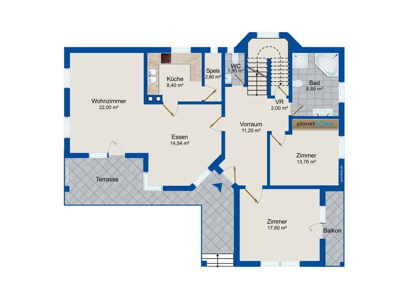 Grundriss des Erdgeschosses mit Wohnzimmer, Küche, Essbereich, Zimmern und Terrasse.