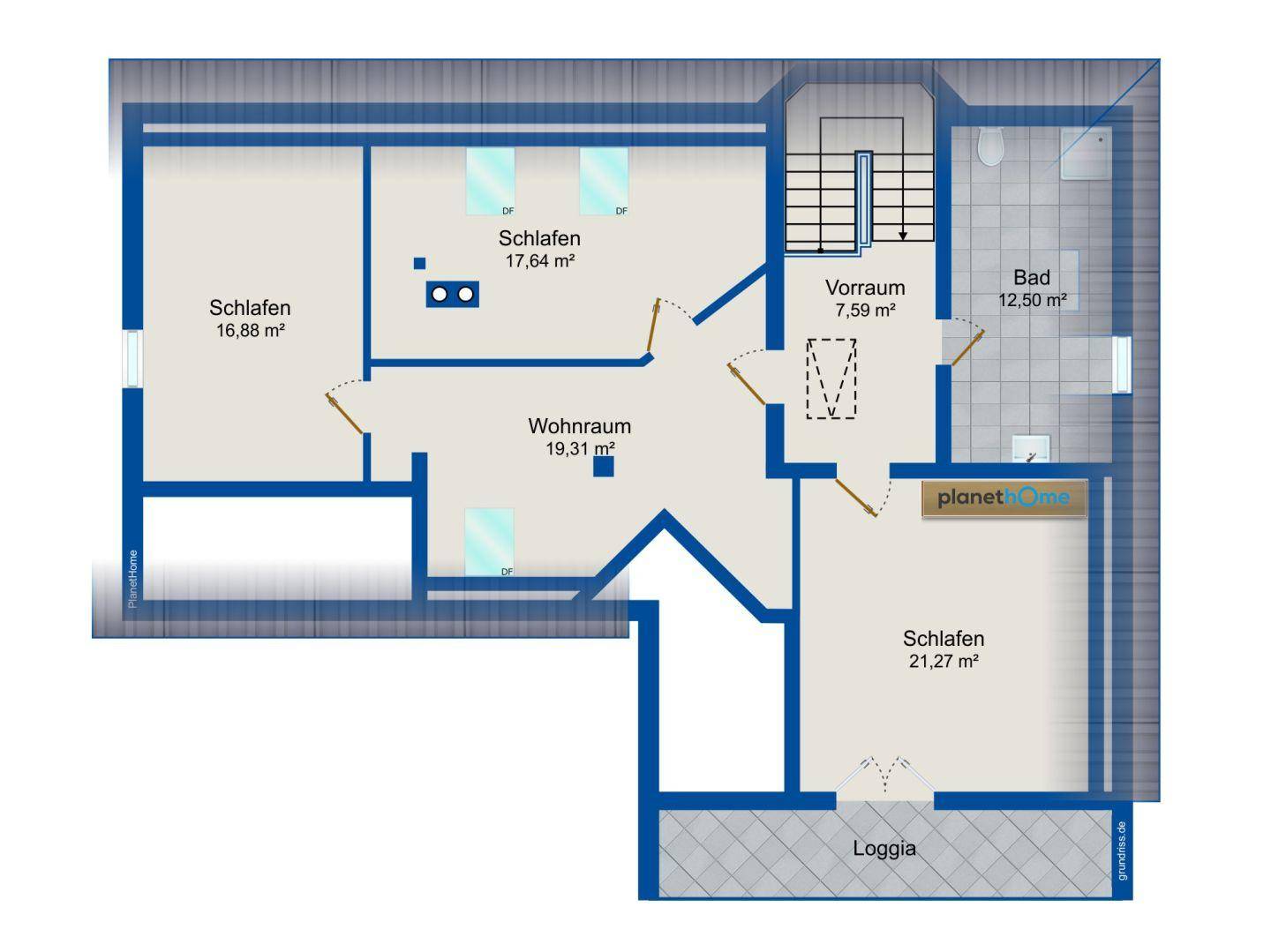 Grundriss des Obergeschosses mit Schlafzimmern, Wohnraum, Bad und Loggia.