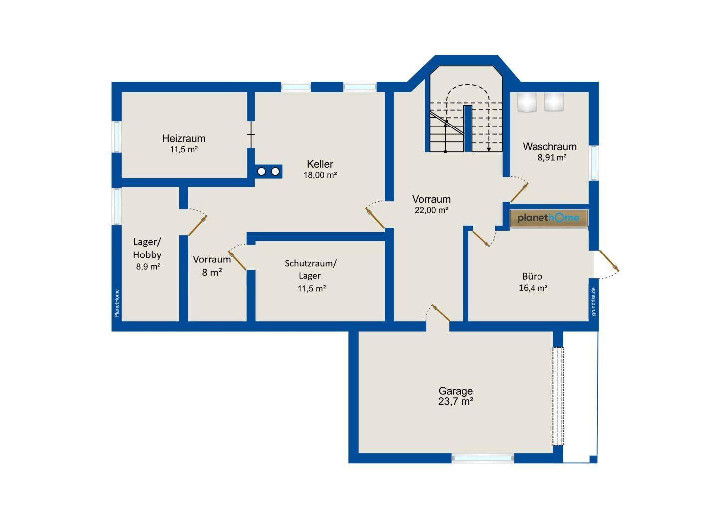 Grundriss des Untergeschosses mit Heizraum, Keller, Schutzraum, Büro und Garage.