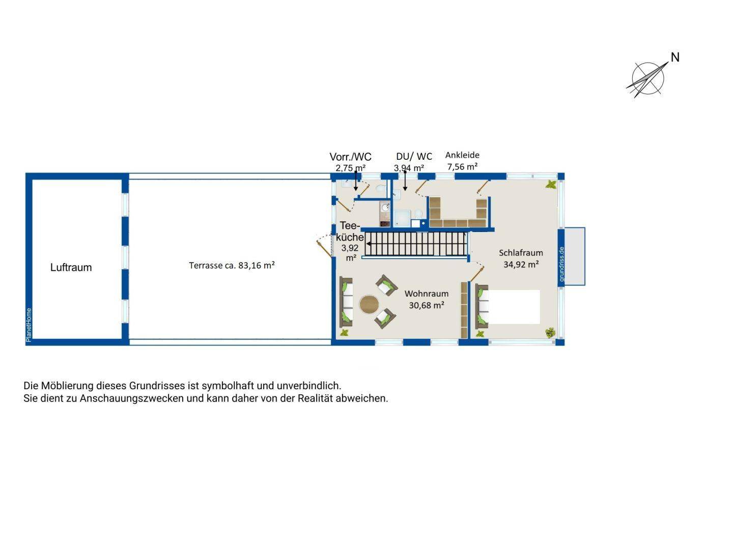 Grundriss des Obergeschosses mit Wohnraum, Schlafzimmer, Ankleide und großer Terrasse.