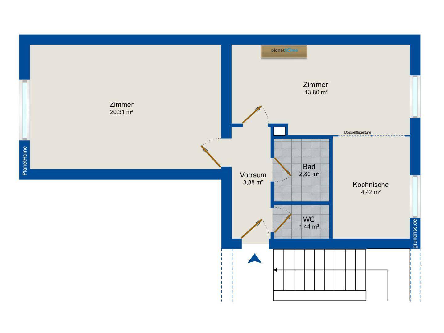 Grundriss einer Wohnung mit zwei Zimmern, Kochnische, Bad und separatem WC.