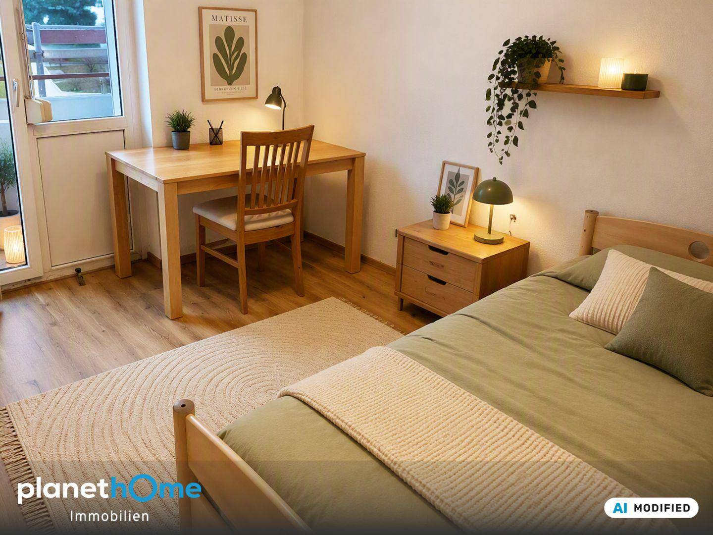 Schlafzimmer mit Einzelbett, Schreibtisch und direktem Zugang zu einem Außenbereich.