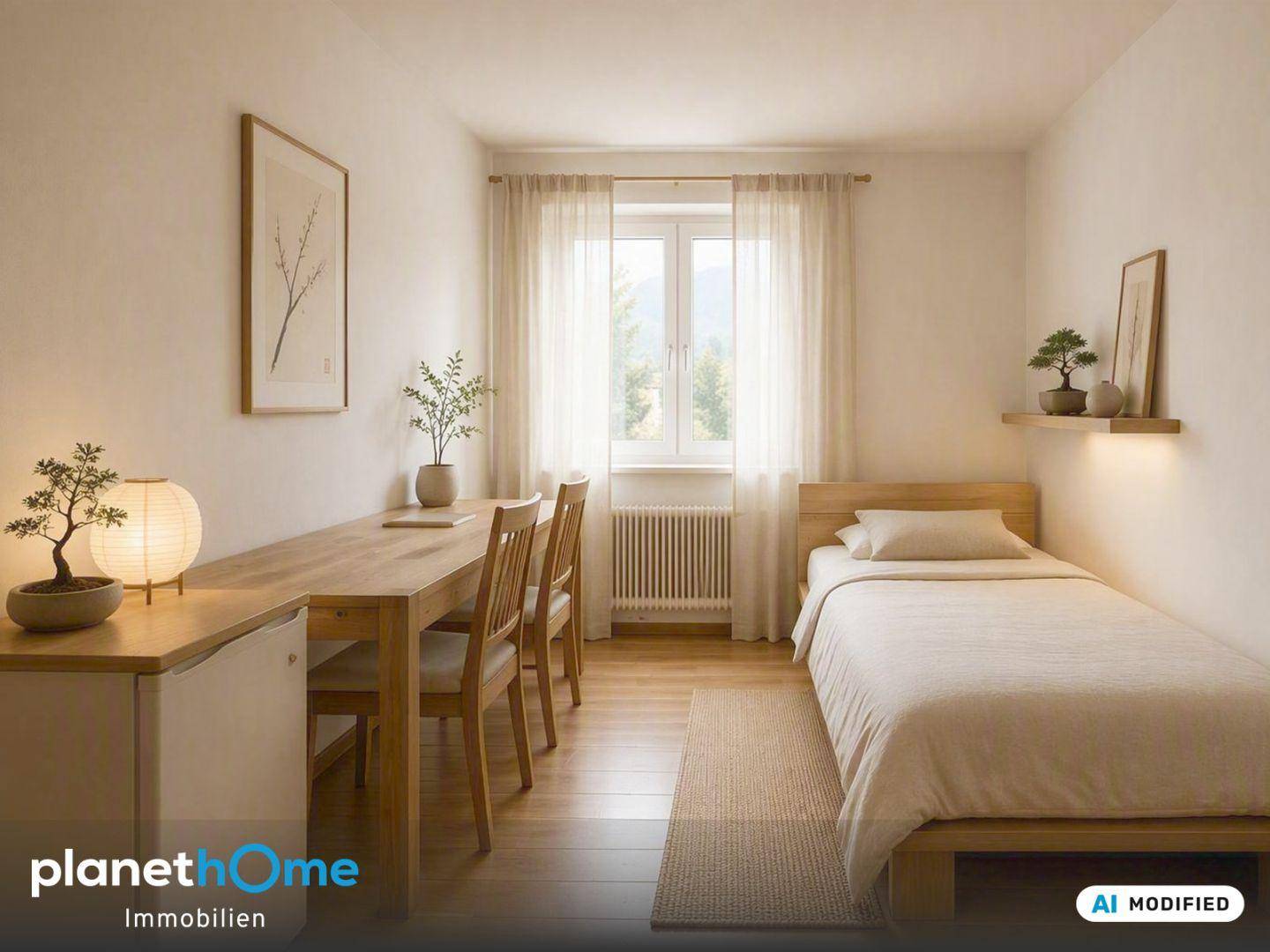 Ruhiges Schlafzimmer mit Einzelbett und langem Schreibtischbereich, ideal zum Arbeiten oder Lernen.