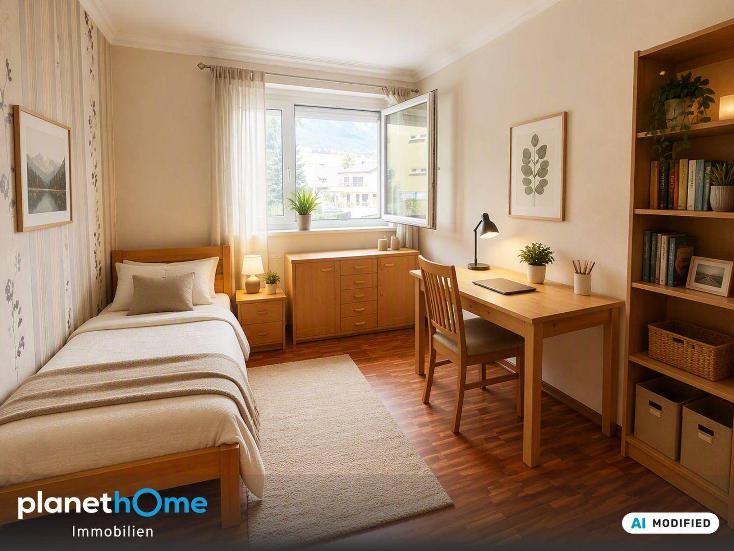 Freundliches Schlafzimmer mit Einzelbett, Schreibtisch, Kommode und Bücherregal, mit Blick ins Grüne.