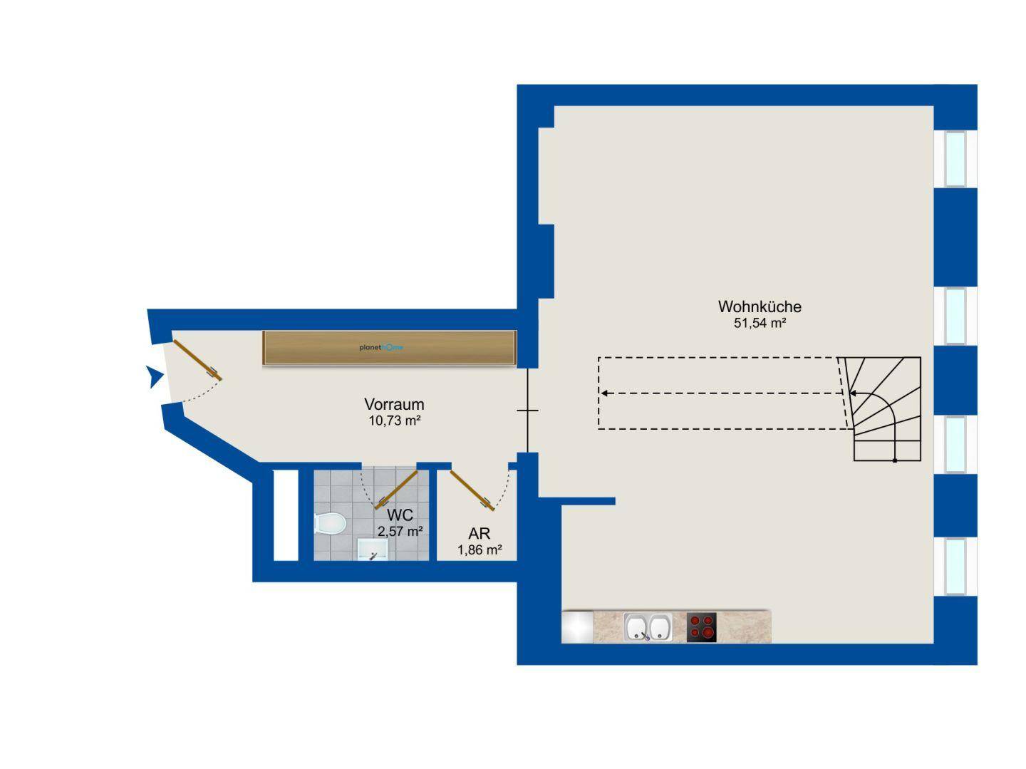 Grundriss des Erdgeschosses mit offener Wohnküche, Vorraum, WC und Abstellraum.