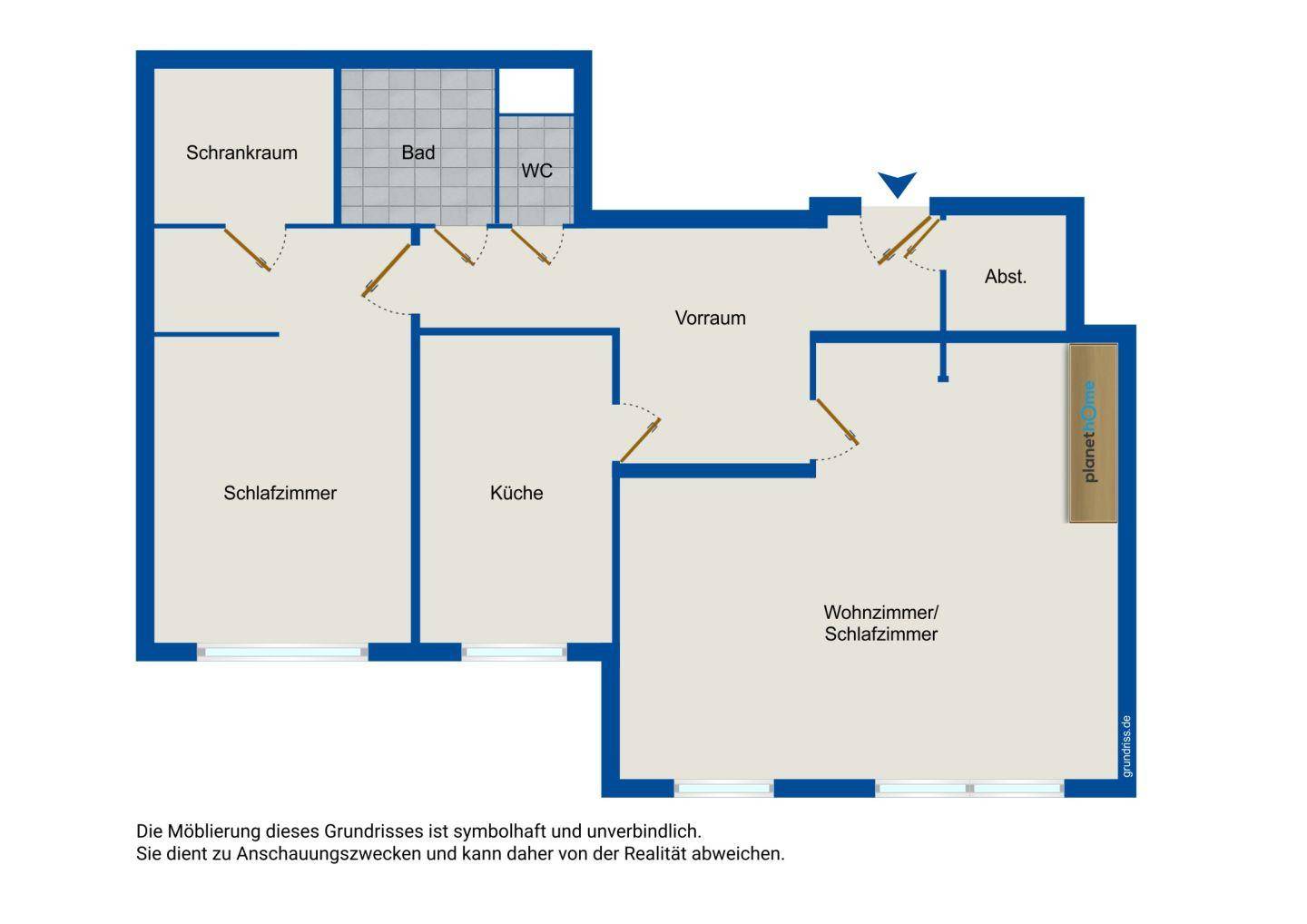 Grundriss der Wohnung mit Schlafzimmer, Küche, Bad, WC und Wohnzimmer/Schlafzimmer.