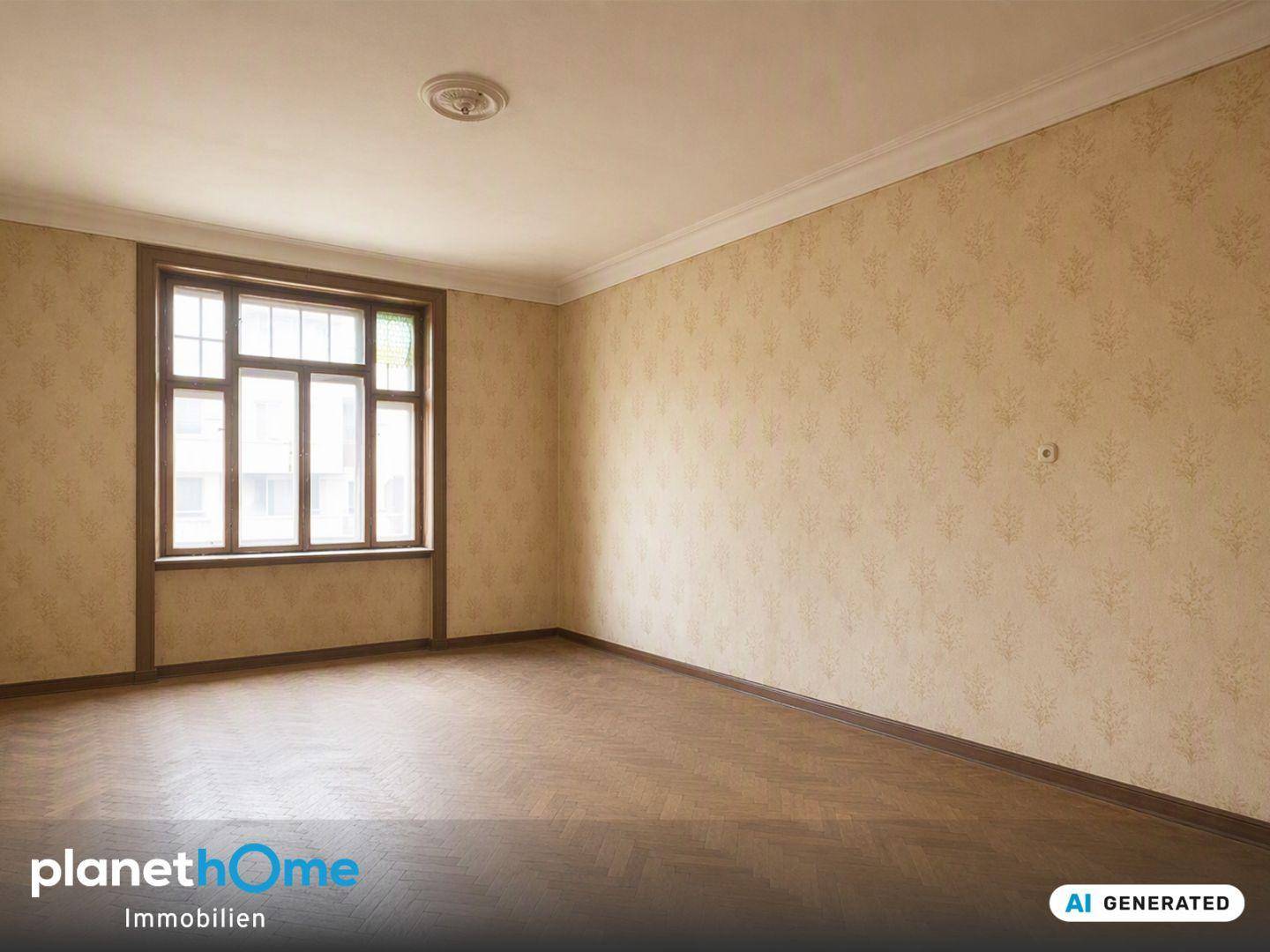 Geräumiges Zimmer mit Fischgrätparkett, gemusterter Tapete und großem Fenster.