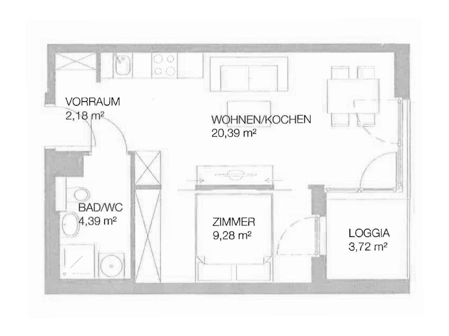 Grundriss einer Wohnung mit Vorraum, Bad/WC, Zimmer, Wohn-/Kochbereich und Loggia.