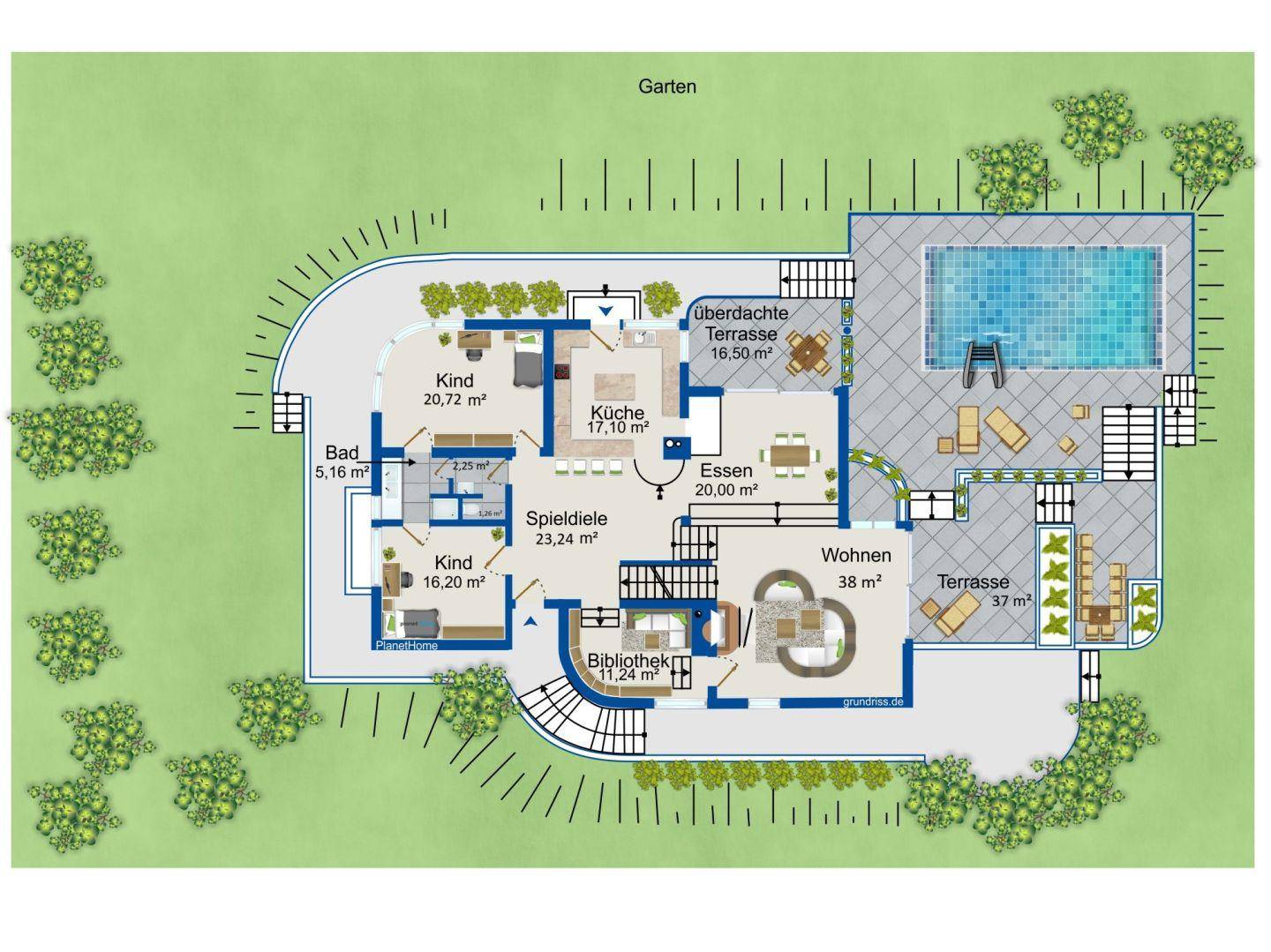 Grundriss des Erdgeschosses mit Wohn-, Essbereich, Küche, Kinderzimmern, Terrasse und Pool.