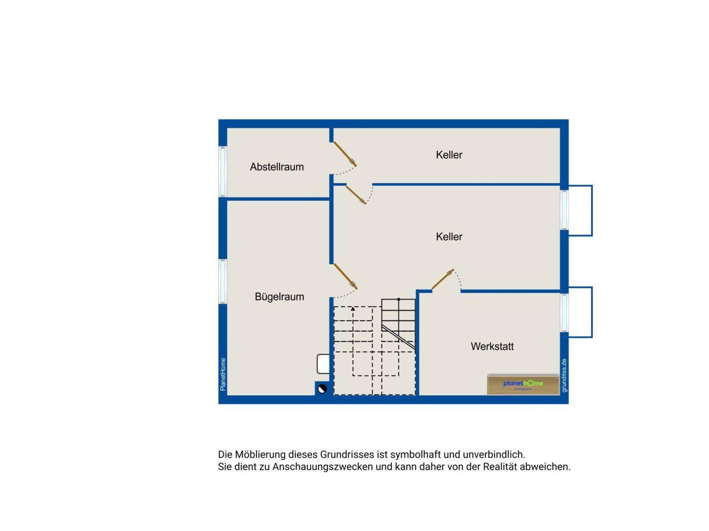 Grundriss des Kellers mit Abstellraum, Bügelraum, Werkstatt und weiteren Kellerräumen.