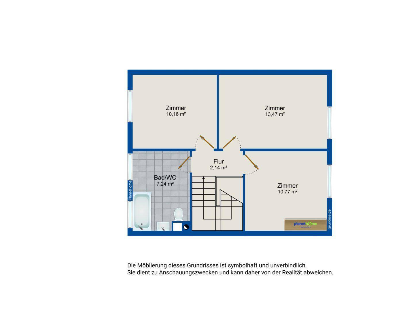 Grundriss des Obergeschosses mit drei Zimmern und einem Badezimmer mit WC.