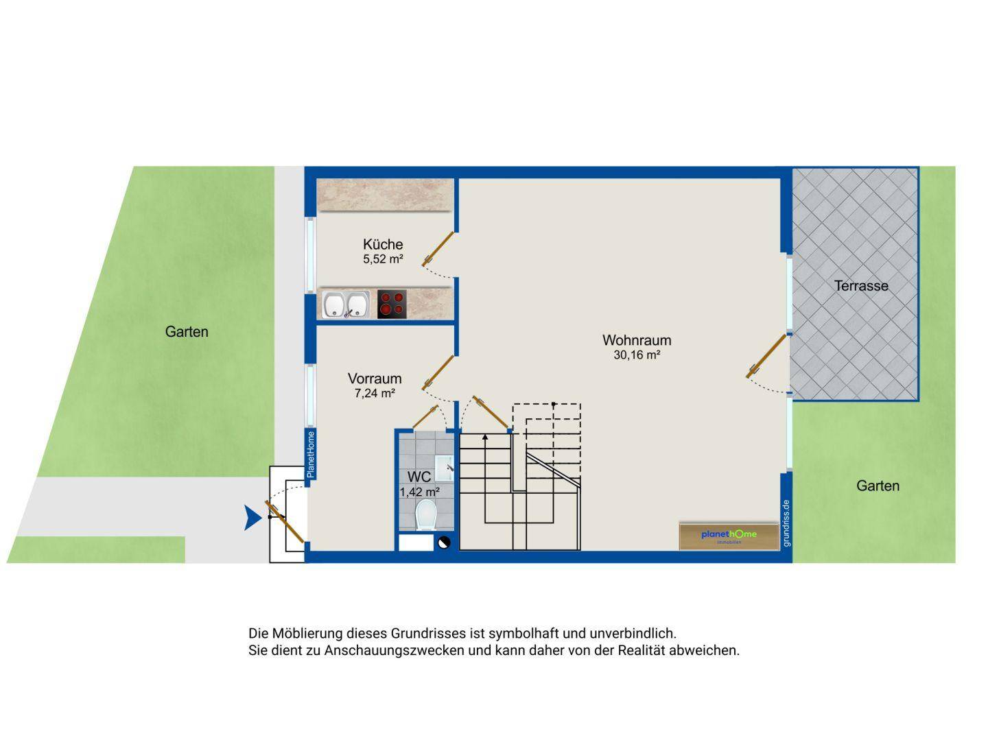 Grundriss des Erdgeschosses mit Küche, Wohnraum, Terrasse und Garten.