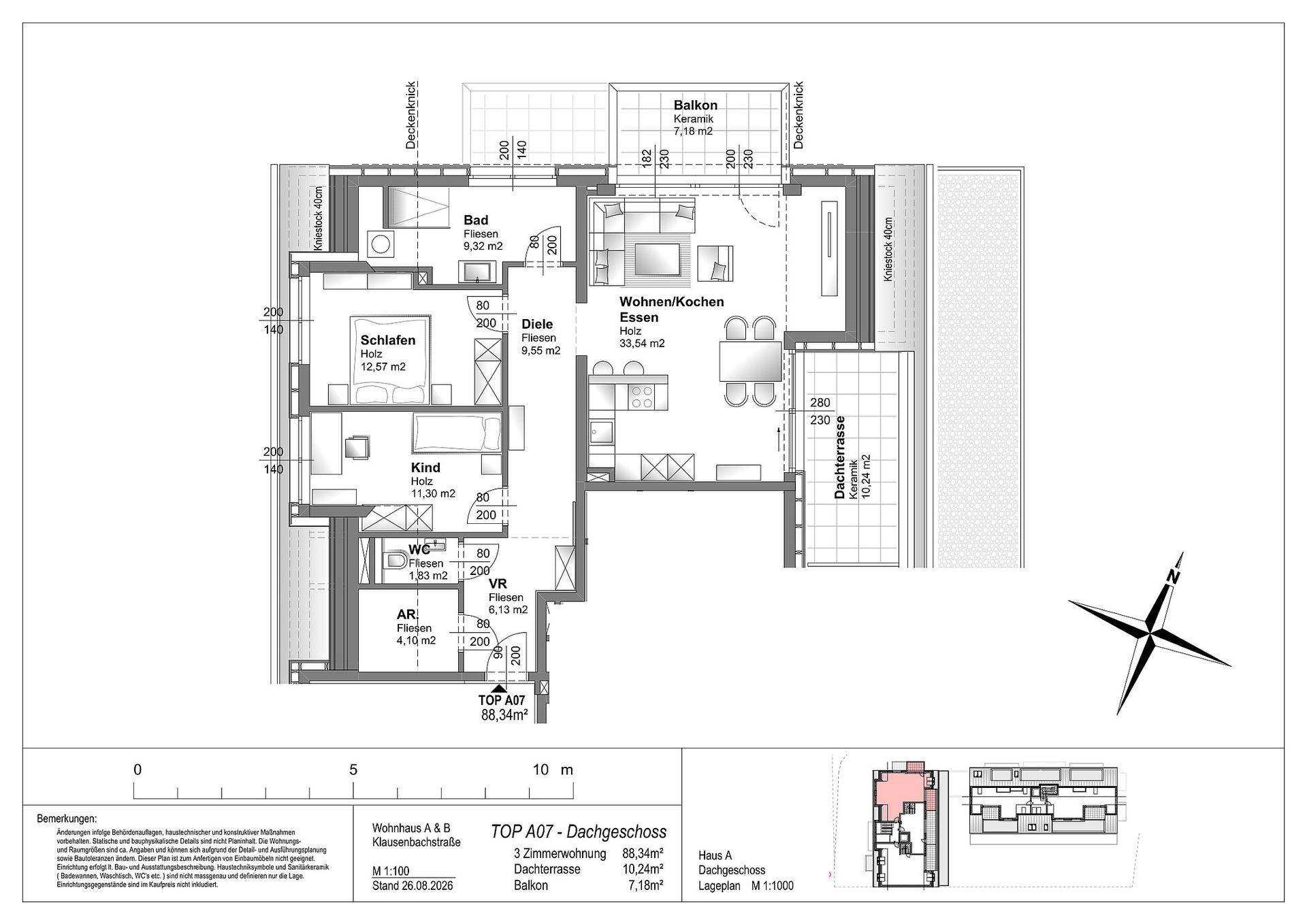 Grundriss einer 3-Zimmer-Wohnung mit offenem Wohnbereich, Balkon und Dachterrasse.