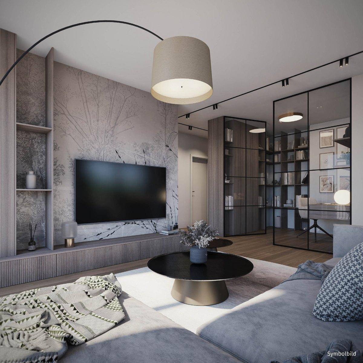 Stilvolles Wohnzimmer mit großem Fernseher und abgetrenntem Arbeitsbereich hinter Glaswänden.