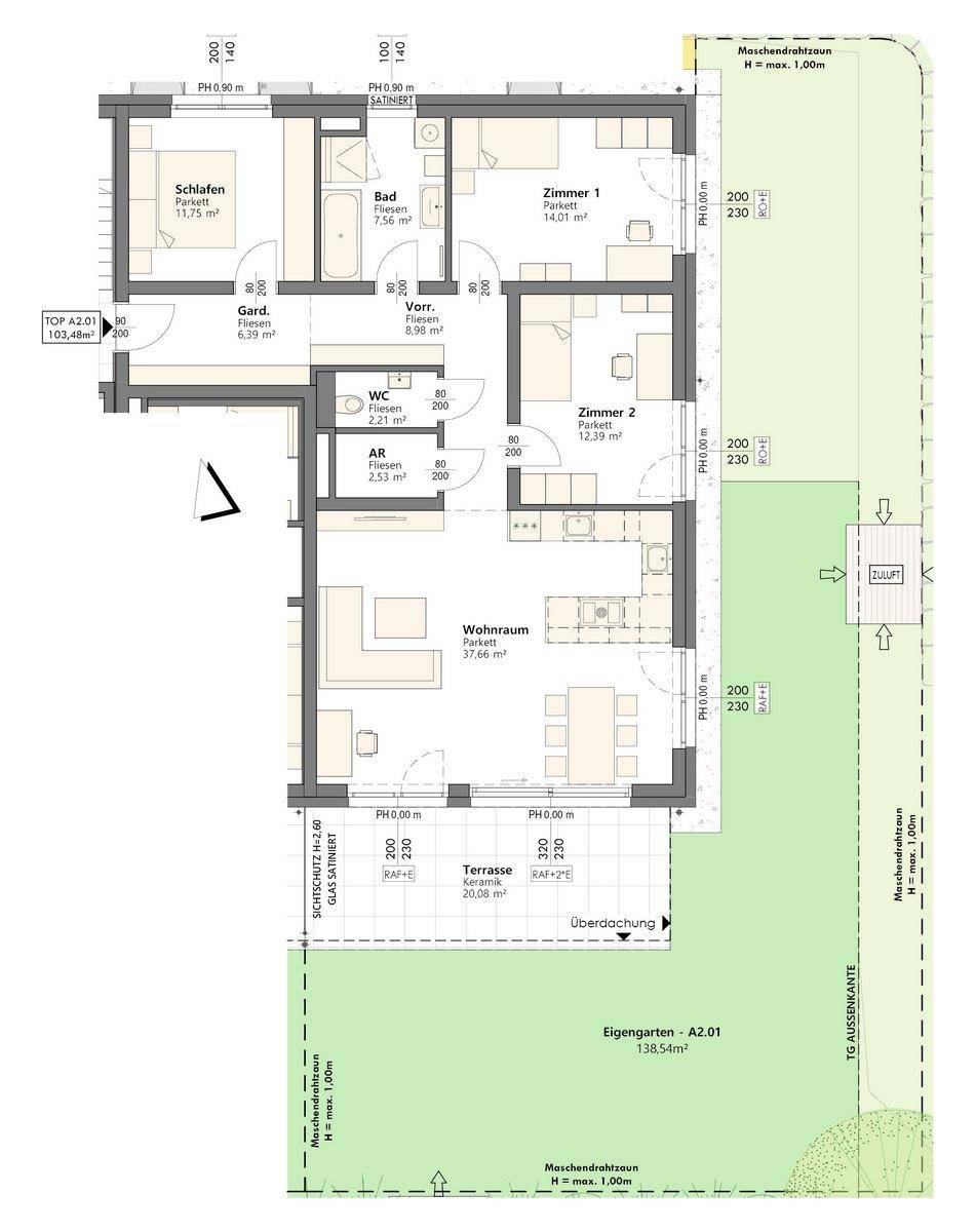 Detaillierter Grundriss einer Wohnung mit drei Zimmern, Terrasse und eigenem Gartenanteil.