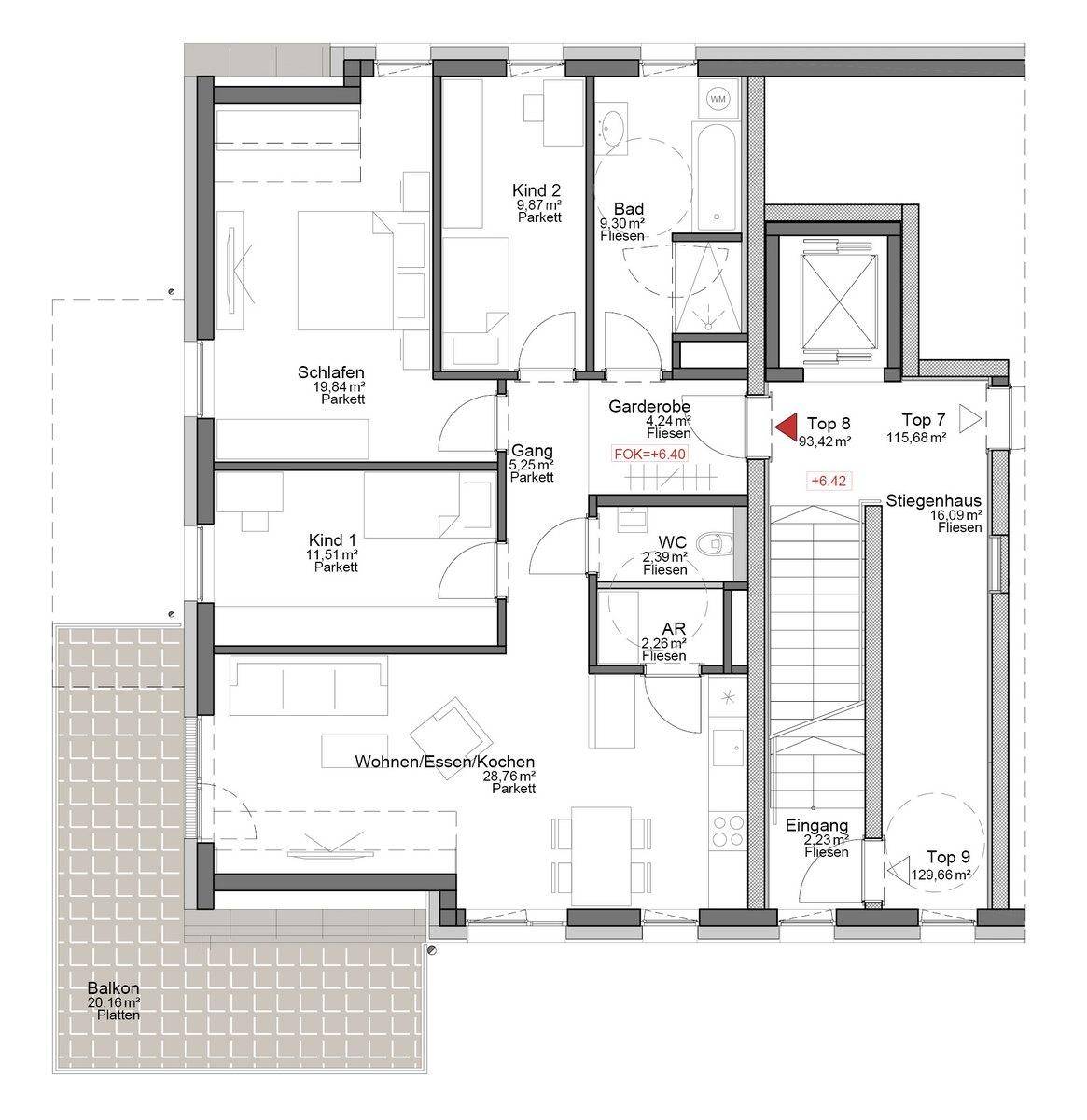 Detaillierter Grundriss einer Wohnung mit mehreren Zimmern und Balkonzugang.