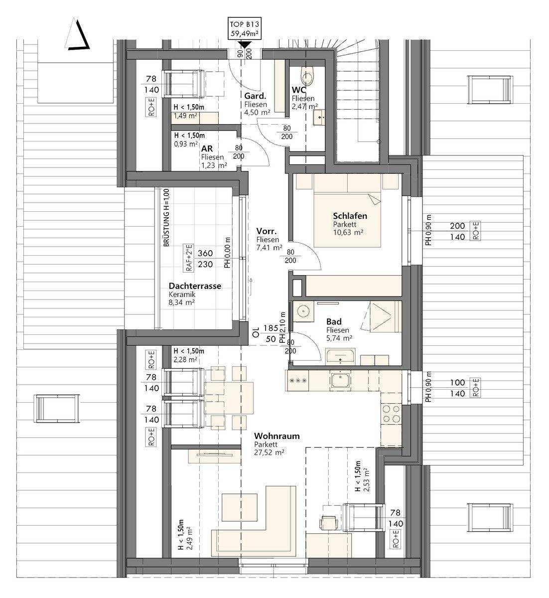 Detaillierter Grundriss einer Wohnung mit Wohnraum, Schlafzimmer, Bad und Dachterrasse.